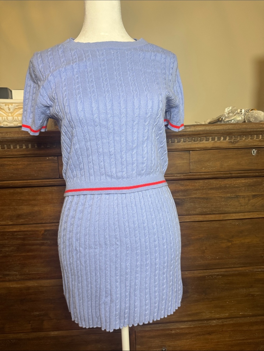 H&M Lavender Cable-Knit Skirt Set with red trim